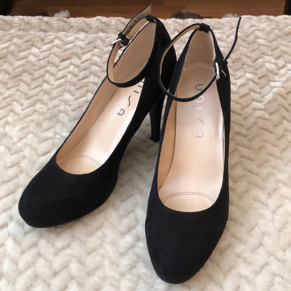 Black Ankle Strap Suede Heels